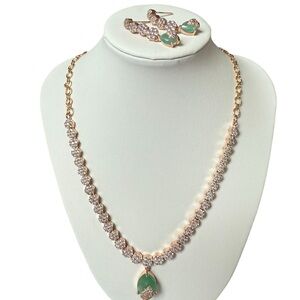Elegant Rose Gold and Mint Green Jewelry Set leaves necklace drop earrings